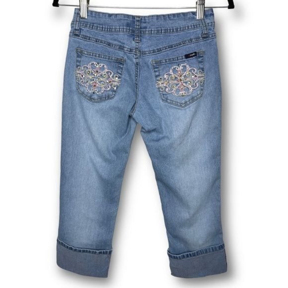 Vintage Y2K Angels Size 3 Light Wash Low Rise Rhinestone Cropped Cuffed Jeans - Picture 1 of 12